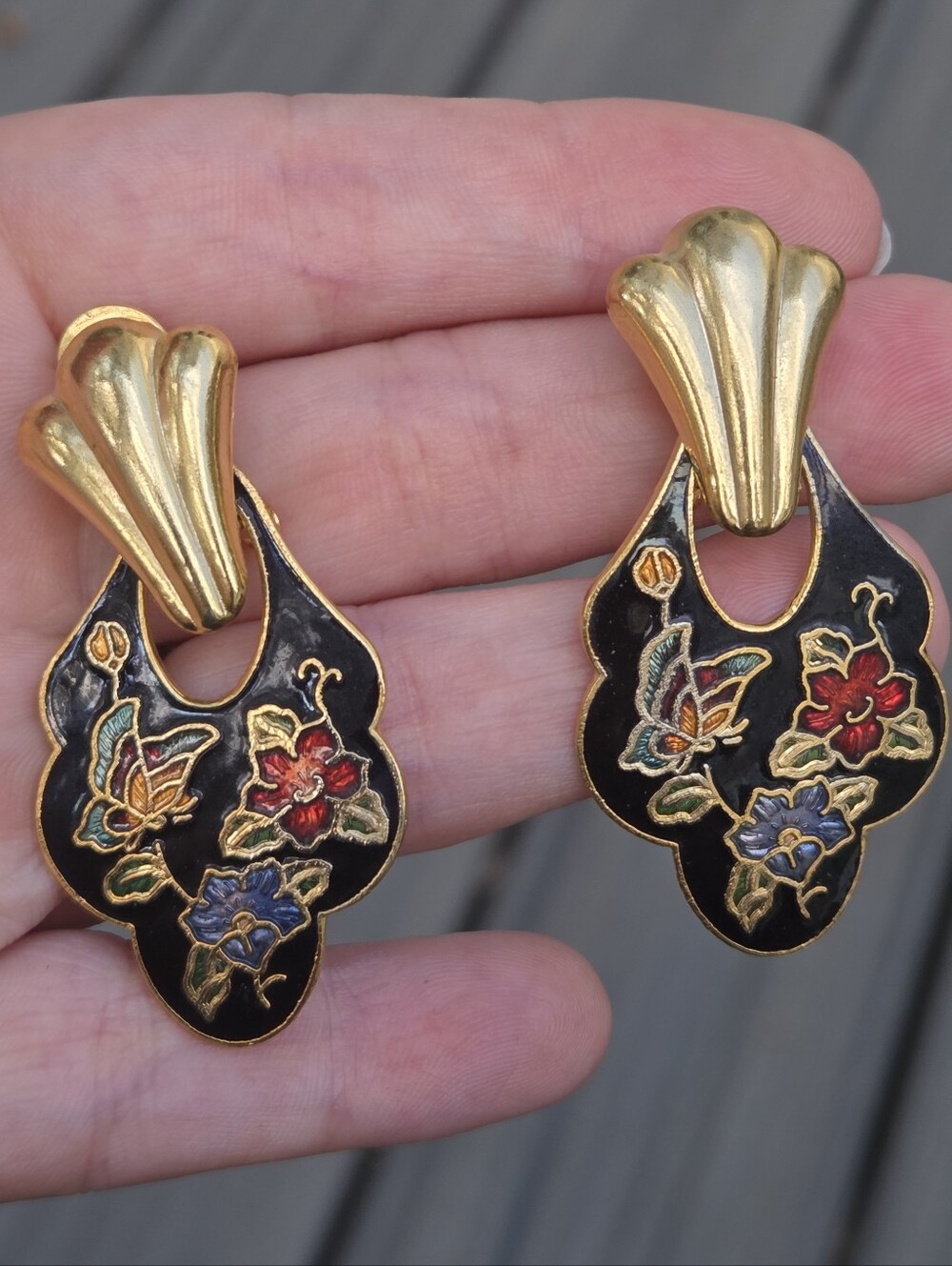 Vintage Black Floral Butterfly Enamel Look Gold Tone Dangle Pierced Earrings